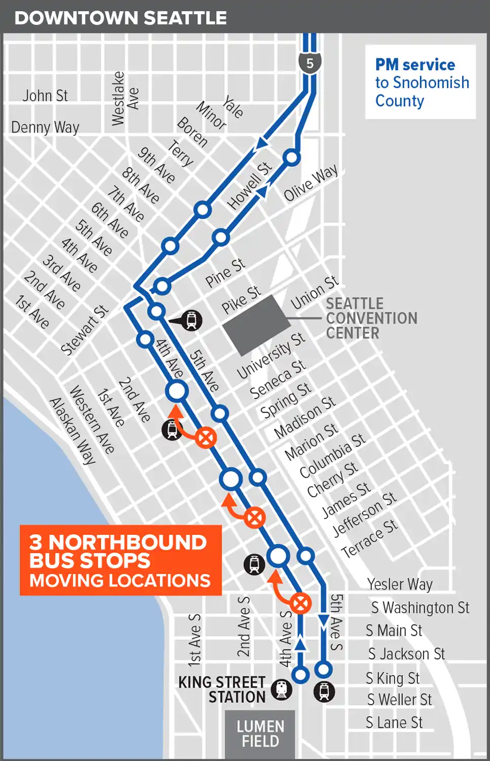 Route 512 map - downtown Seattle Sunday evening service stops detail - August 2026 service change