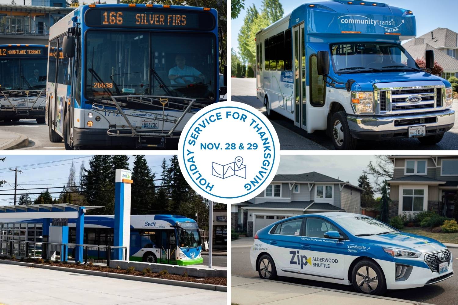 A photo collage showing CT buses, Zip Shuttle and DART