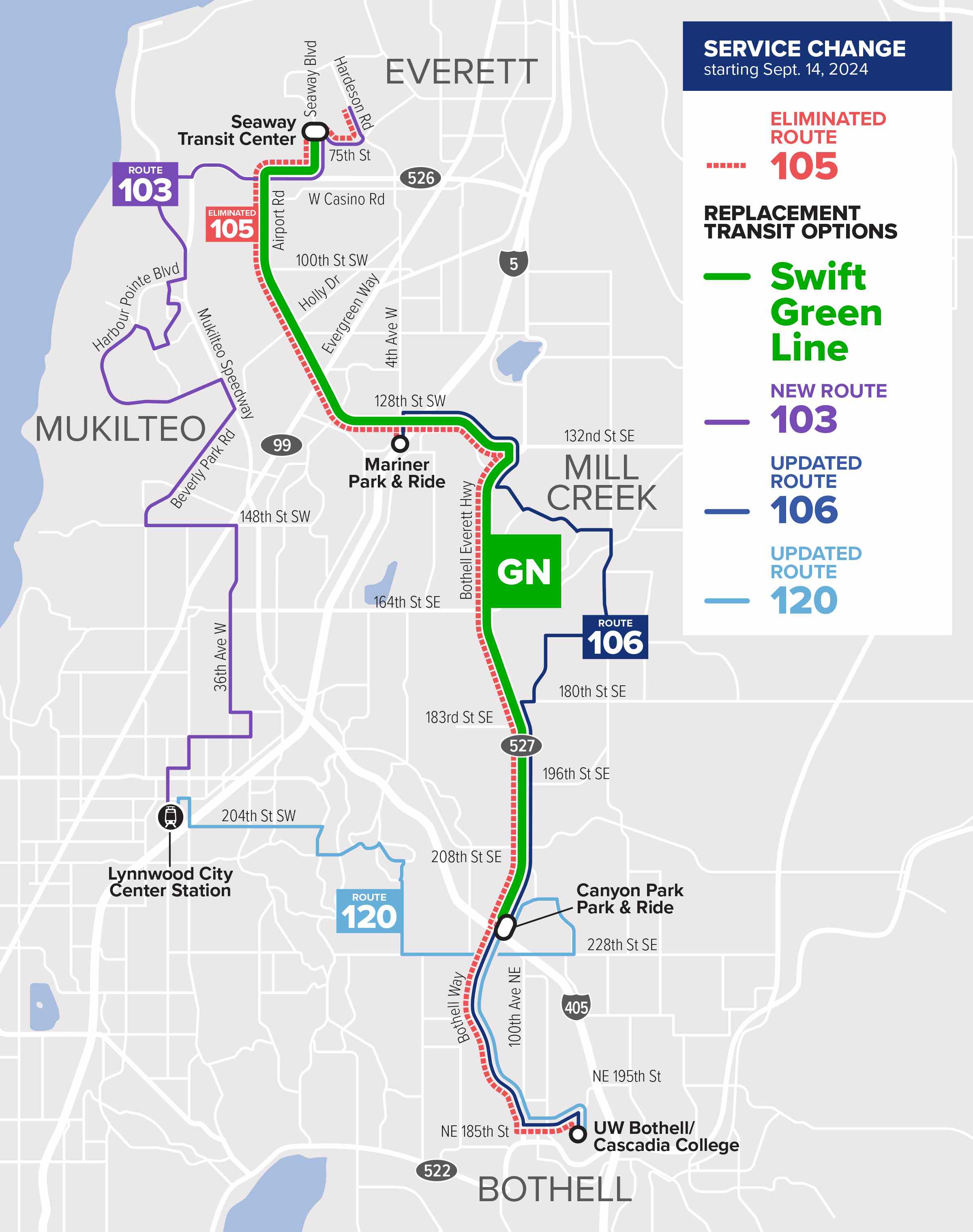 A map showing the old Route 105, and which new routes will replace it. 