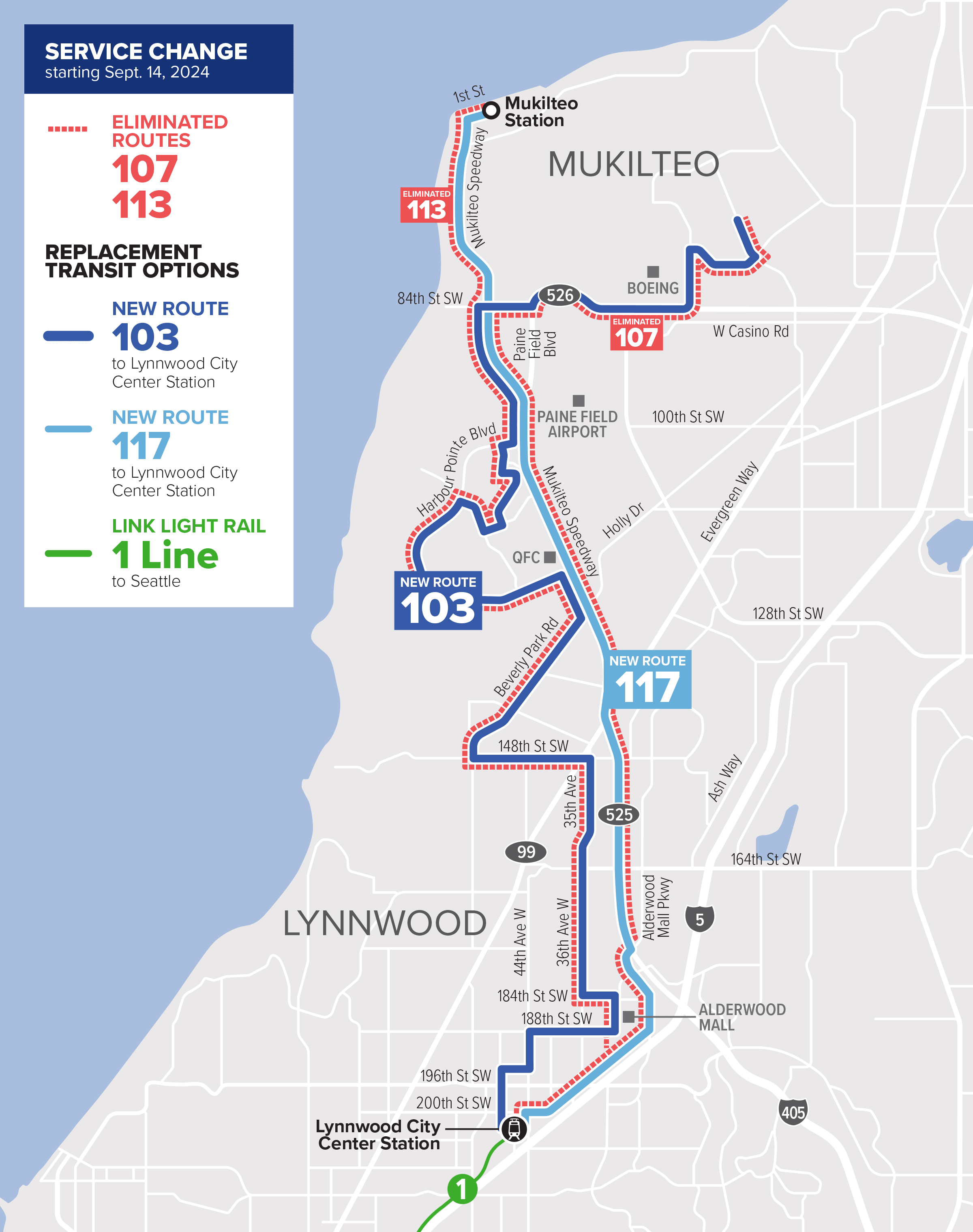 A route map showing new Routes 113 and 117. These routes will travel between the Mukilteo area and Lynnwood City Center Station.