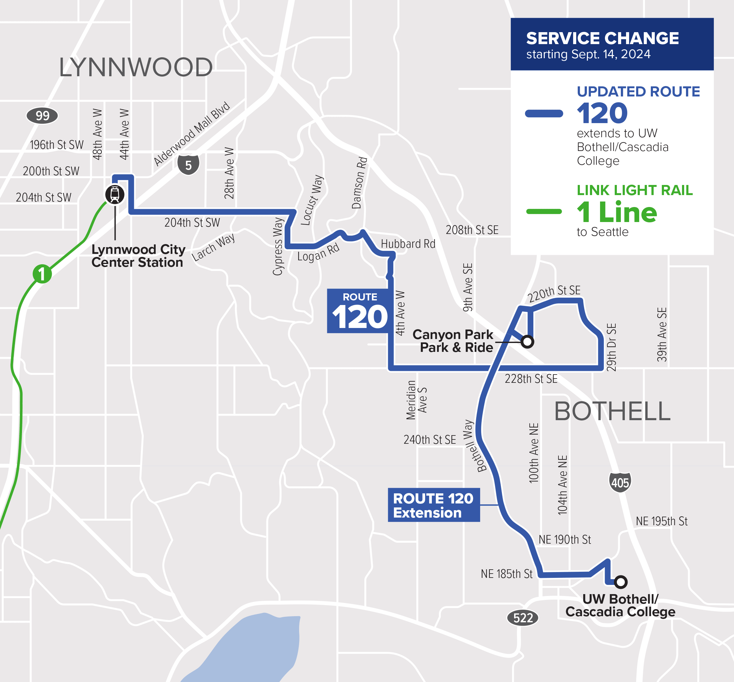 A map of the extended Route 120 which will travel between Lynnwood City Center Station and UW Bothell.