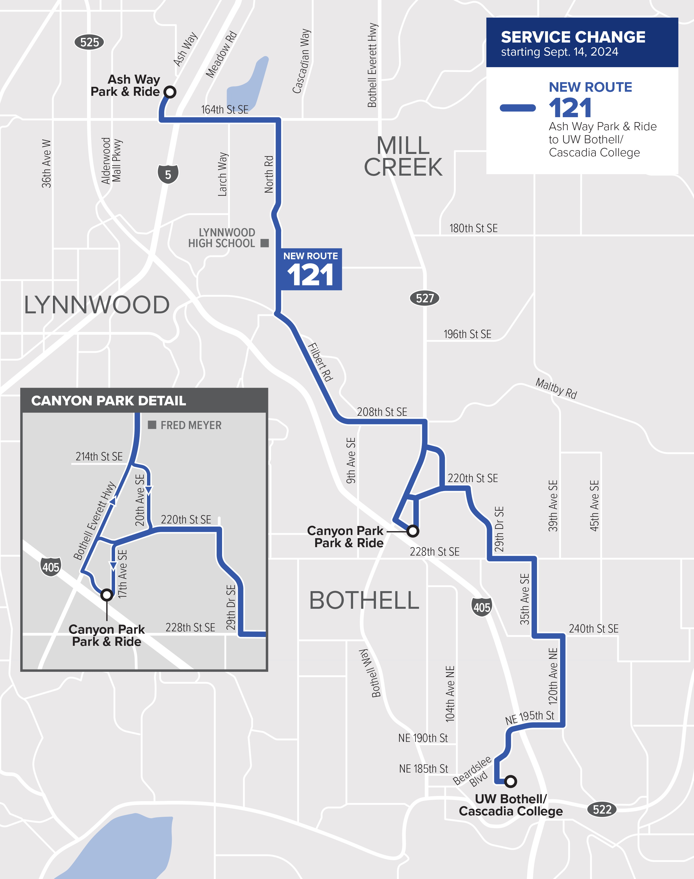 A map showing new Route 121, which begins as Ash Way Park & Ride and ends in Bothell.  