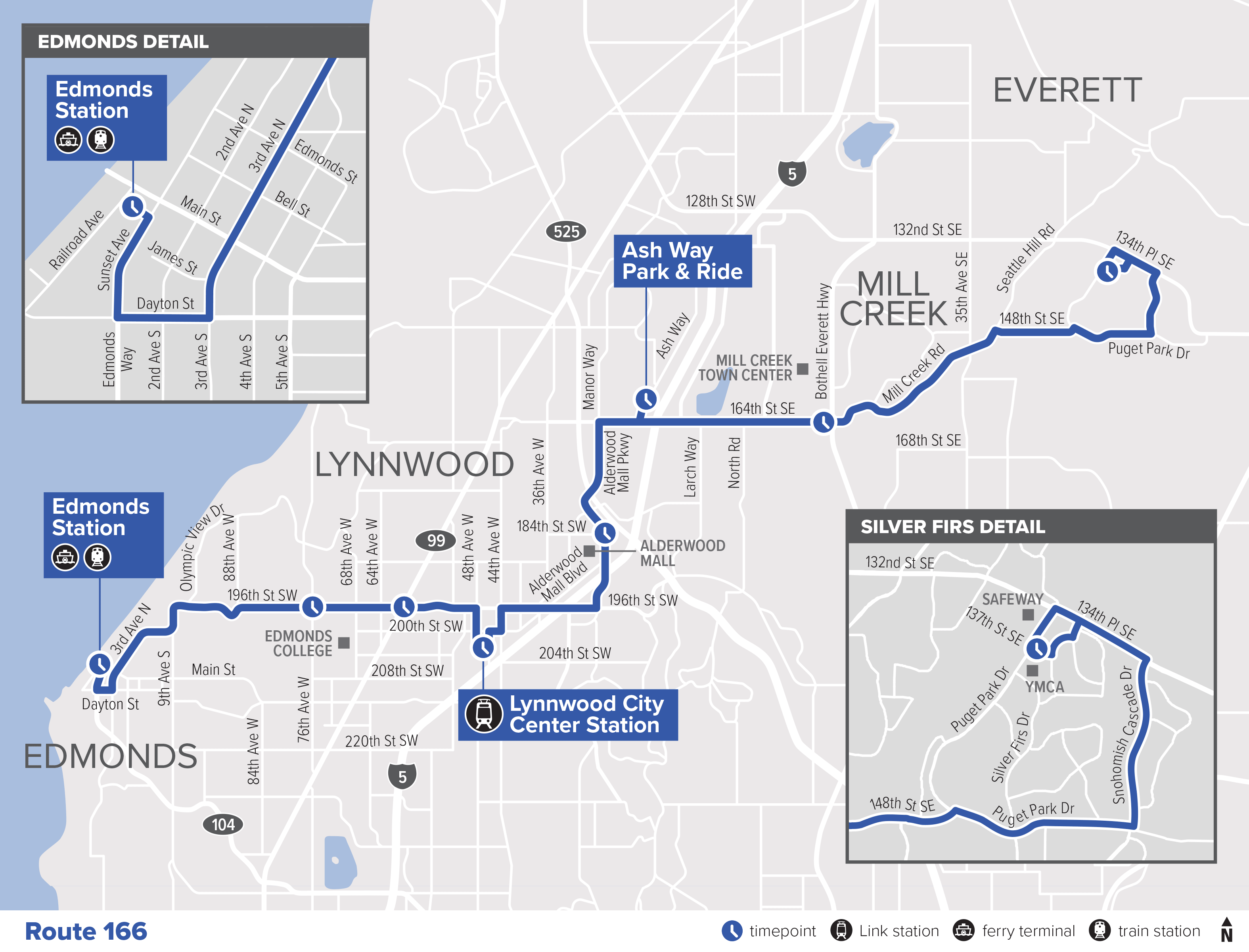 Map of Route 166: Edmonds – Silver Firs