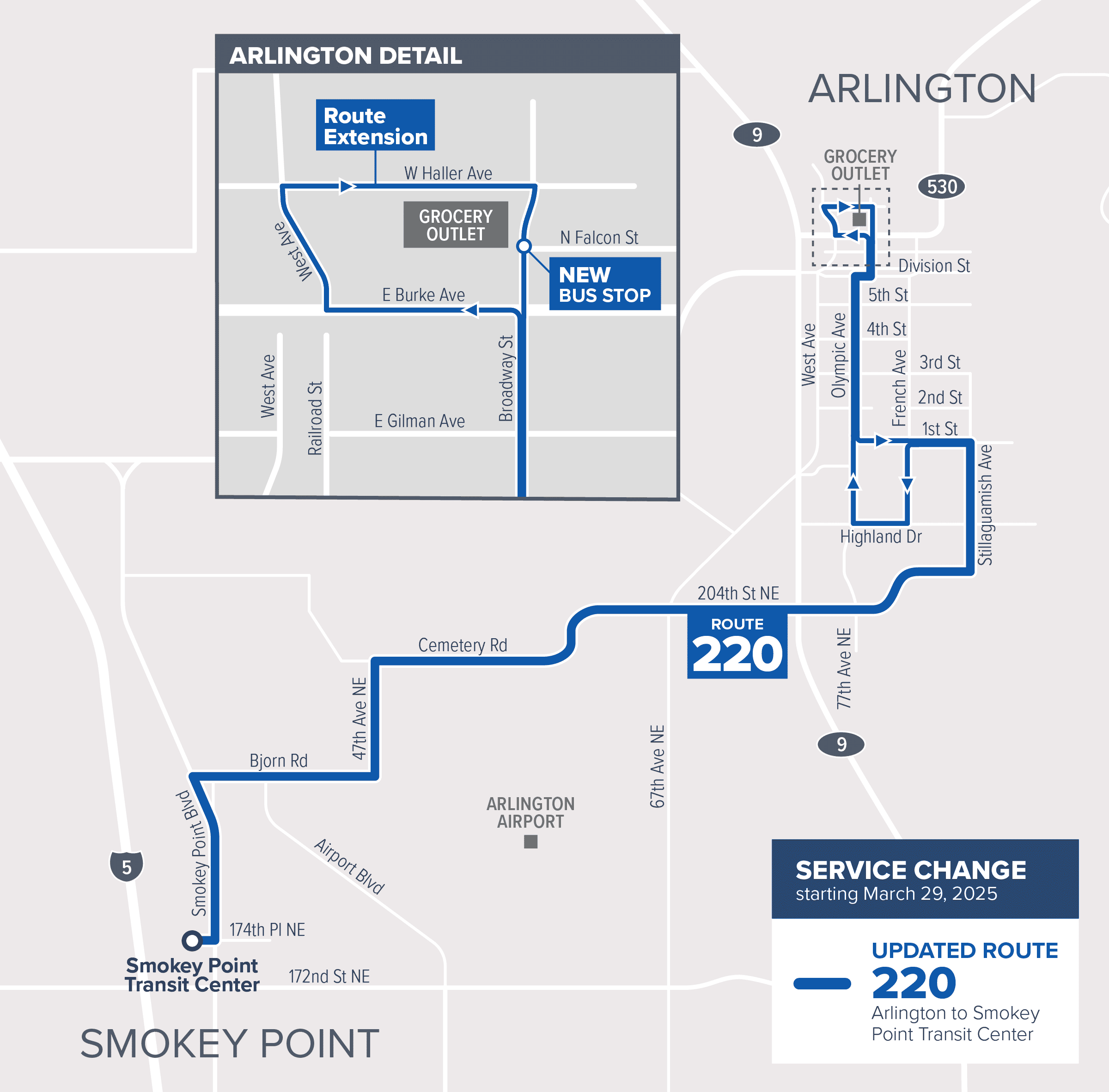 A map of Route 220 which has a new stop being added on March 29.