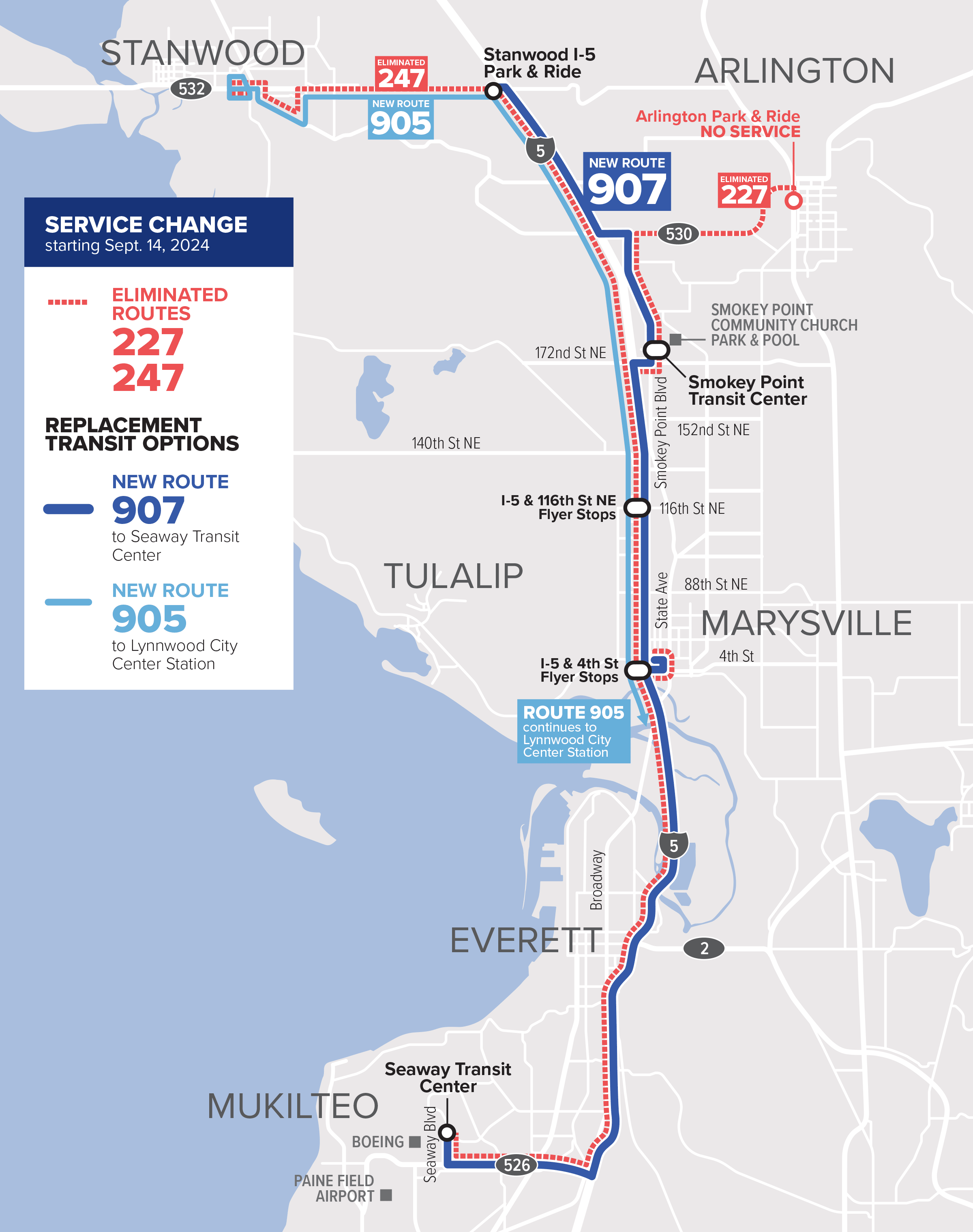 A map showing the old path of Routes 227 and 247 and which routes will be replacing them starting September 14. 