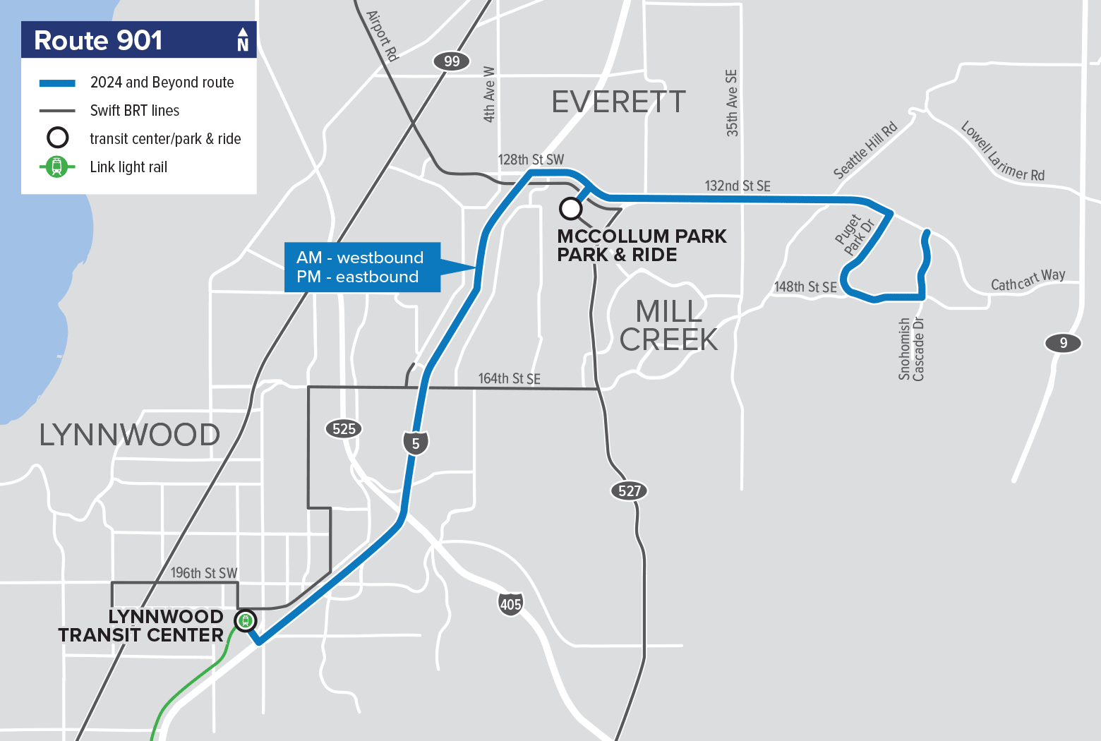 A map showing the route of the new express Route 901. It will start in Silver Firs and Travel to the Lynnwood Transit Center.
