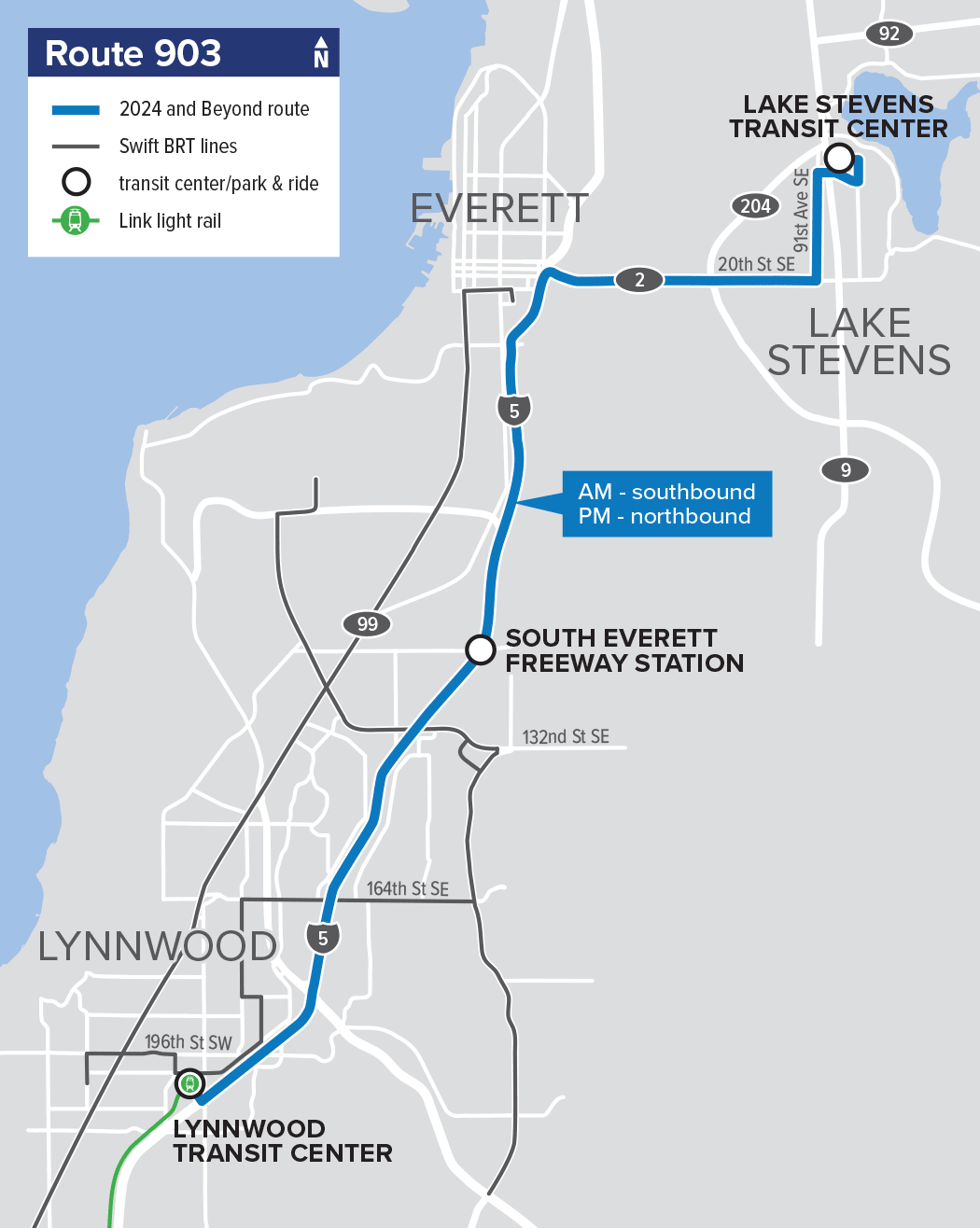 A map of the new express Route 901. Route 903 will start in Lake Stevens and travel to Lynnwood City Center Station. 