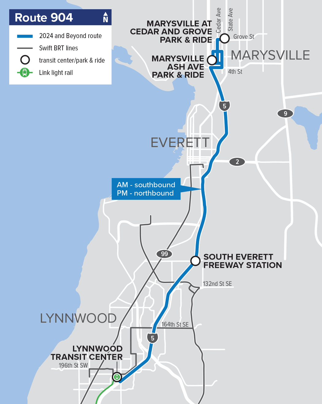 A map of new express Route 904, which will start in Everett and end at Lynnwood City Center Station. 