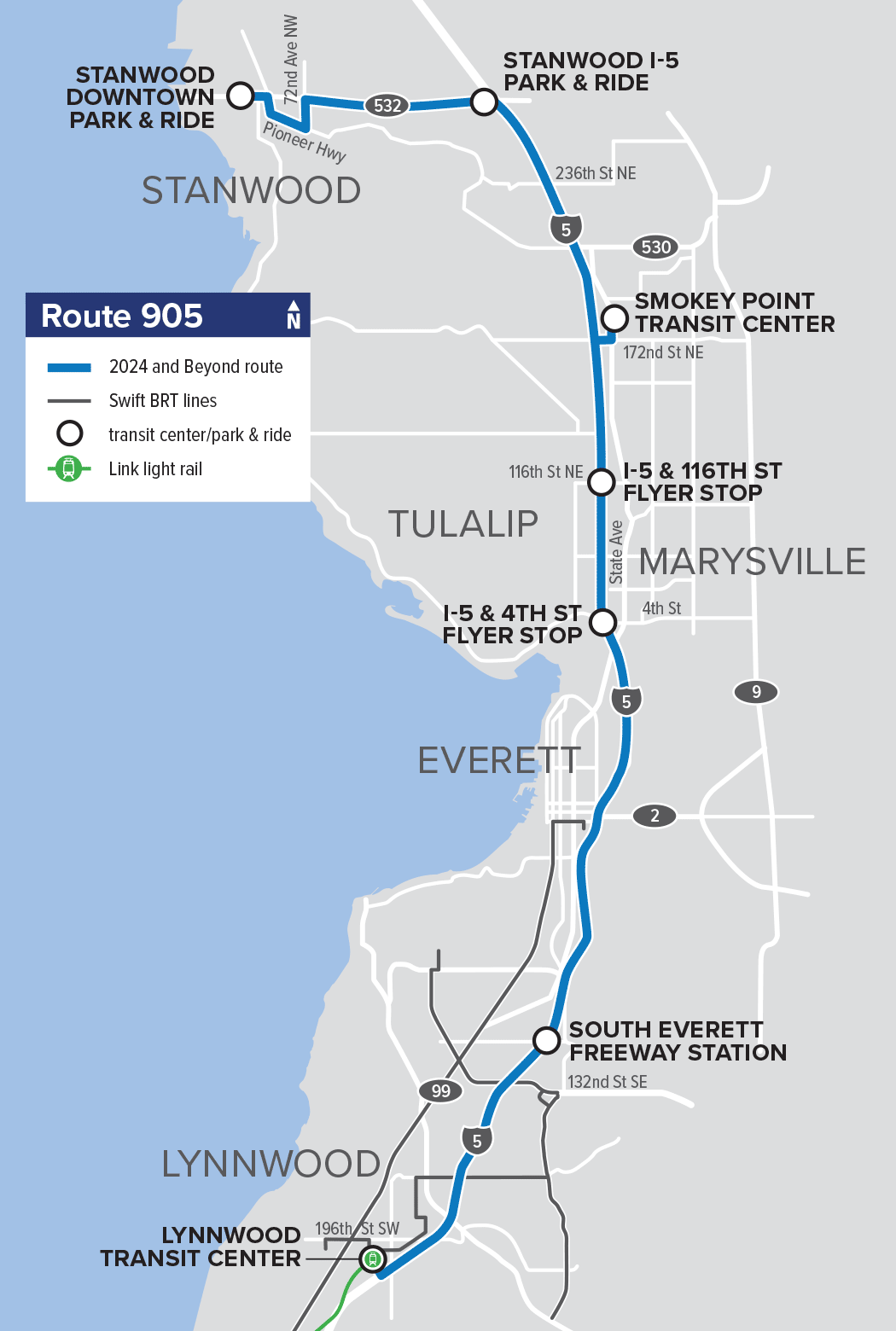 A map of new express Route 905, which will start in Stanwood and end at Lynnwood City Center Station. 