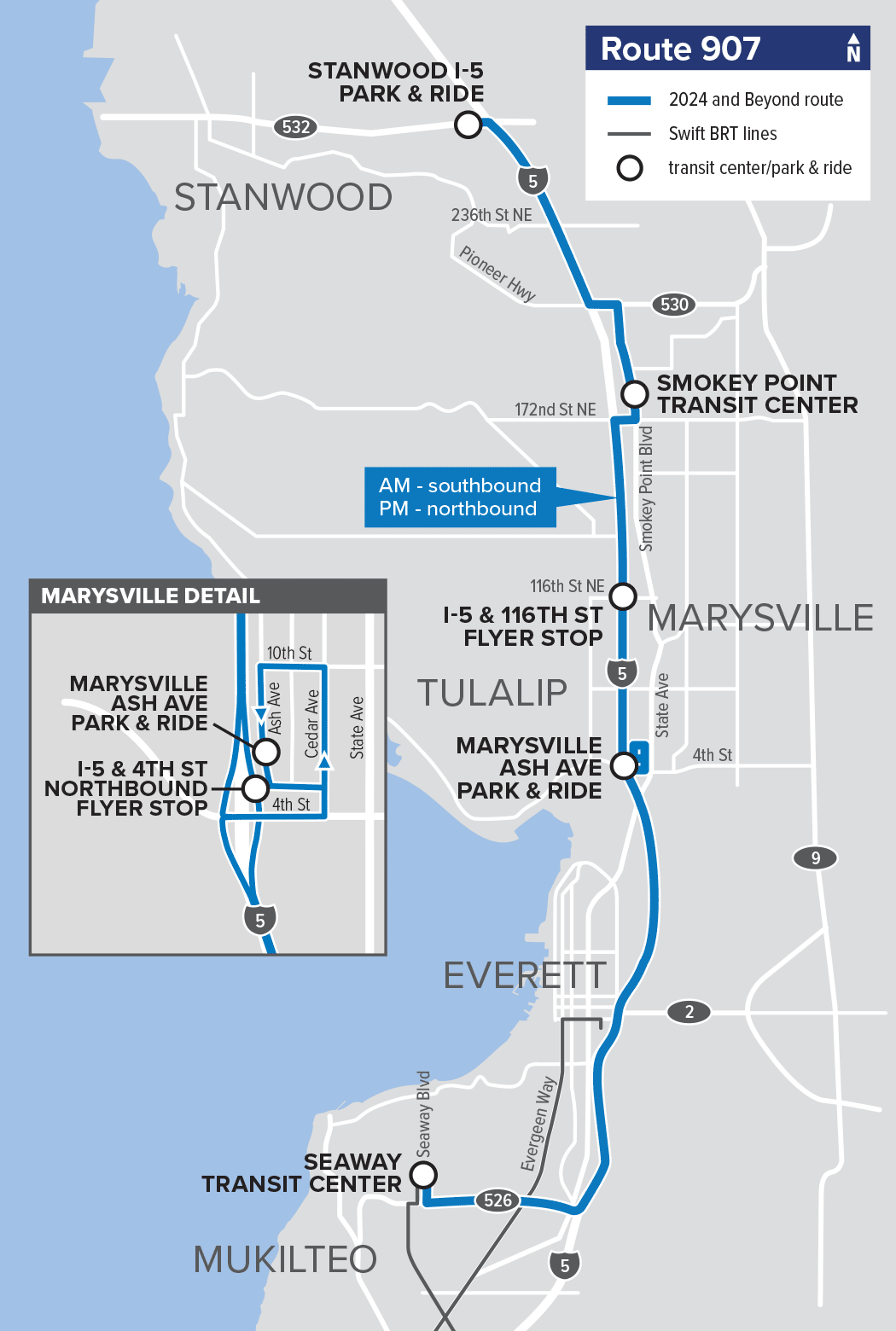 A map of new express Route 907 which will start in Stanwood and end at the Seaway Park & Ride. 