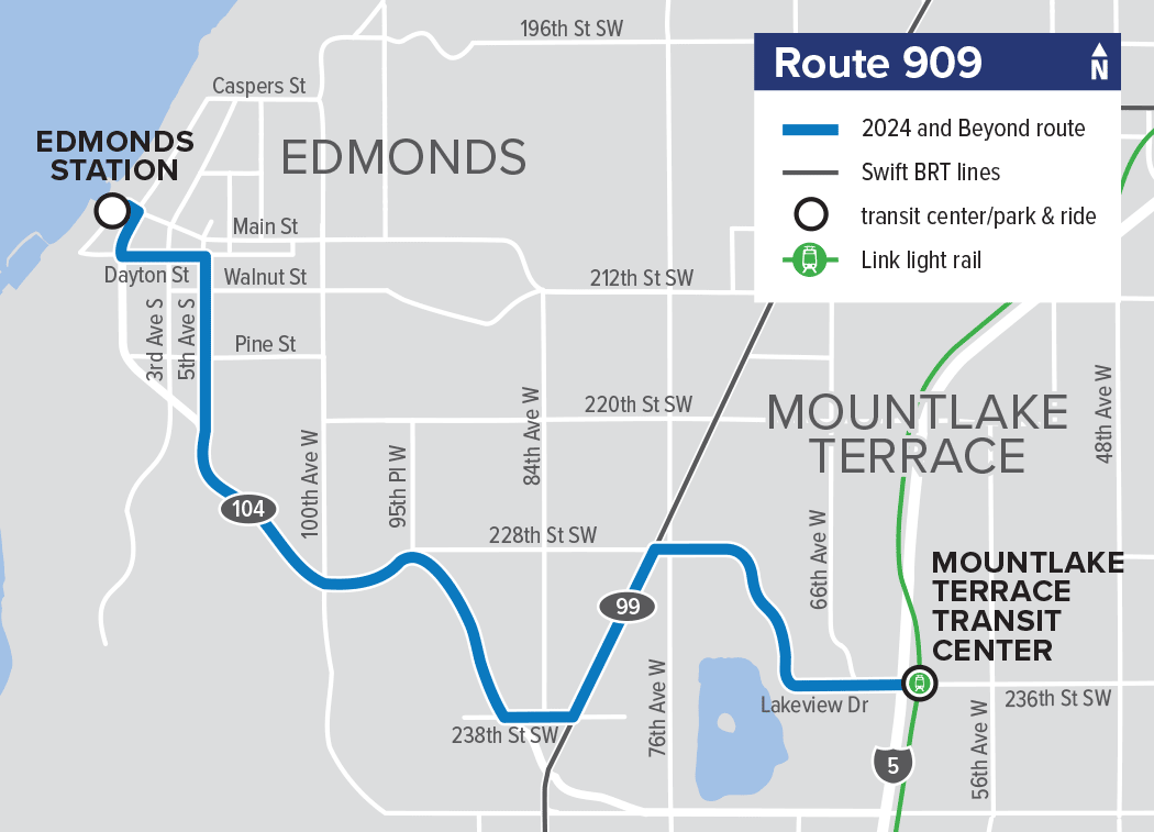 A map of new express Route 909, which will travel between Edmonds Station and Mountlake Terrace Station. 