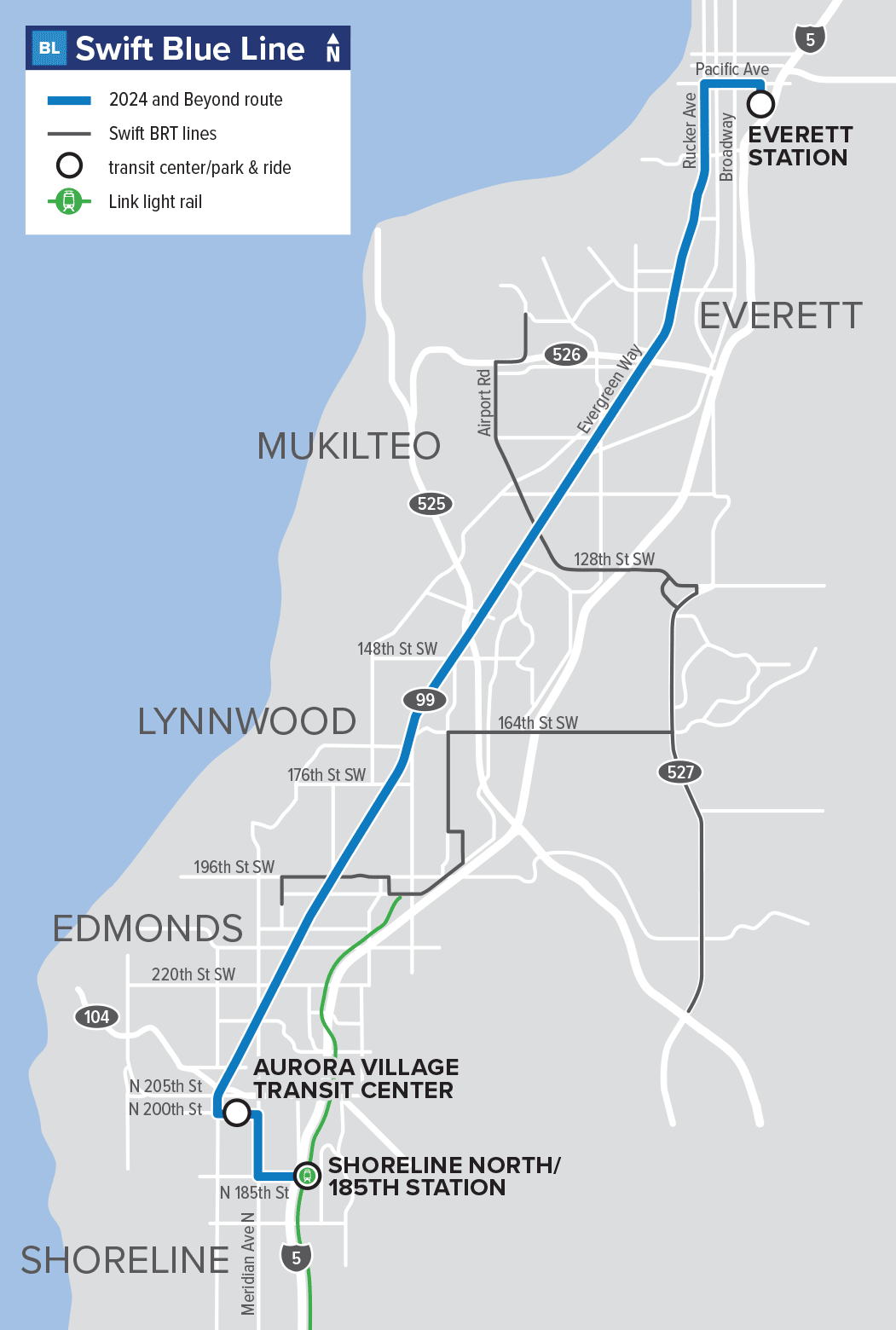 A map of the Swift Blue Line that will run between Everett and Shoreline North/185th Station starting Sept. 14