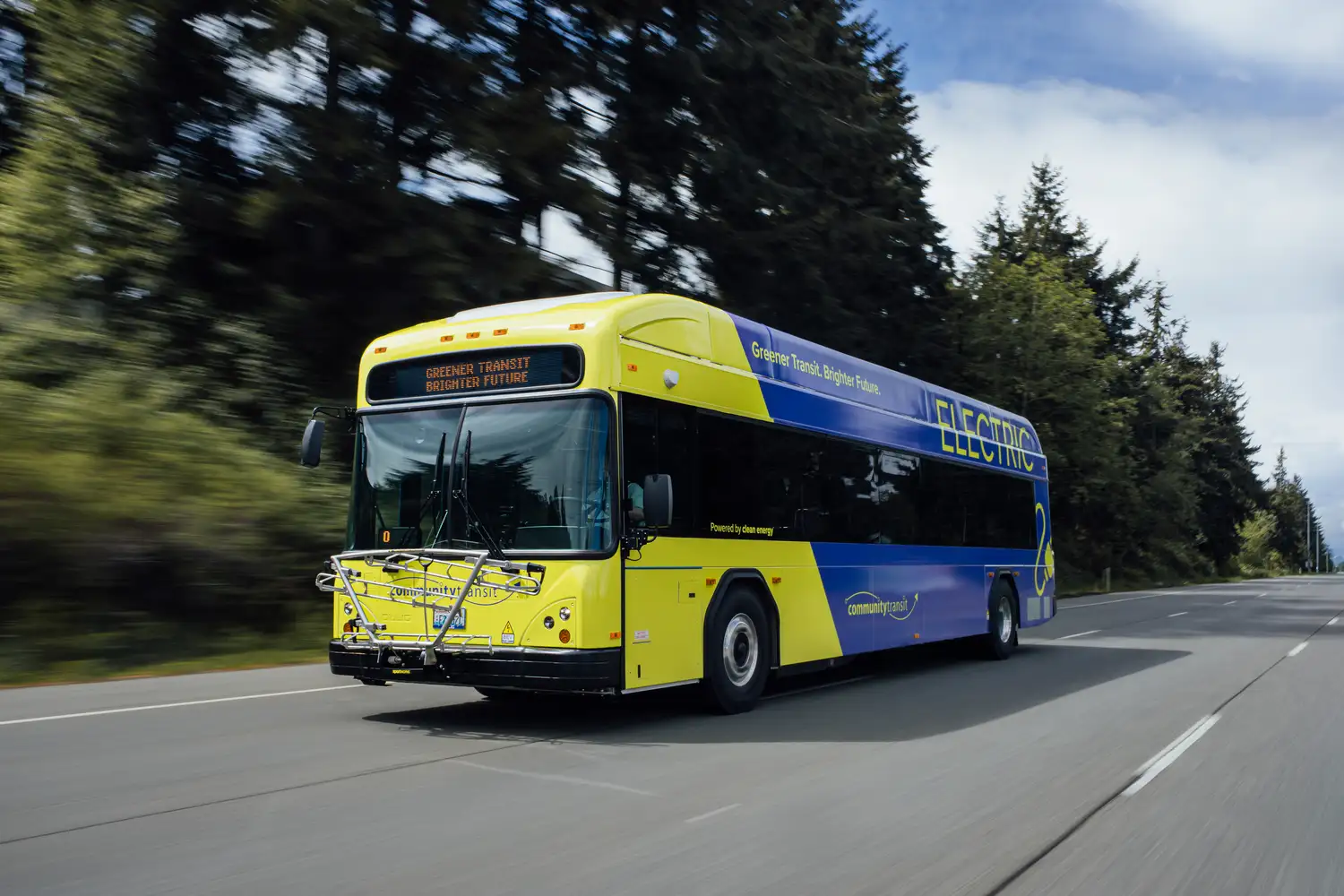 a battery-electric Community Transit bus in motion