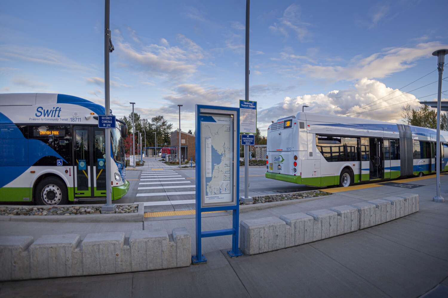 Buses pull away from Community Transit bus stop