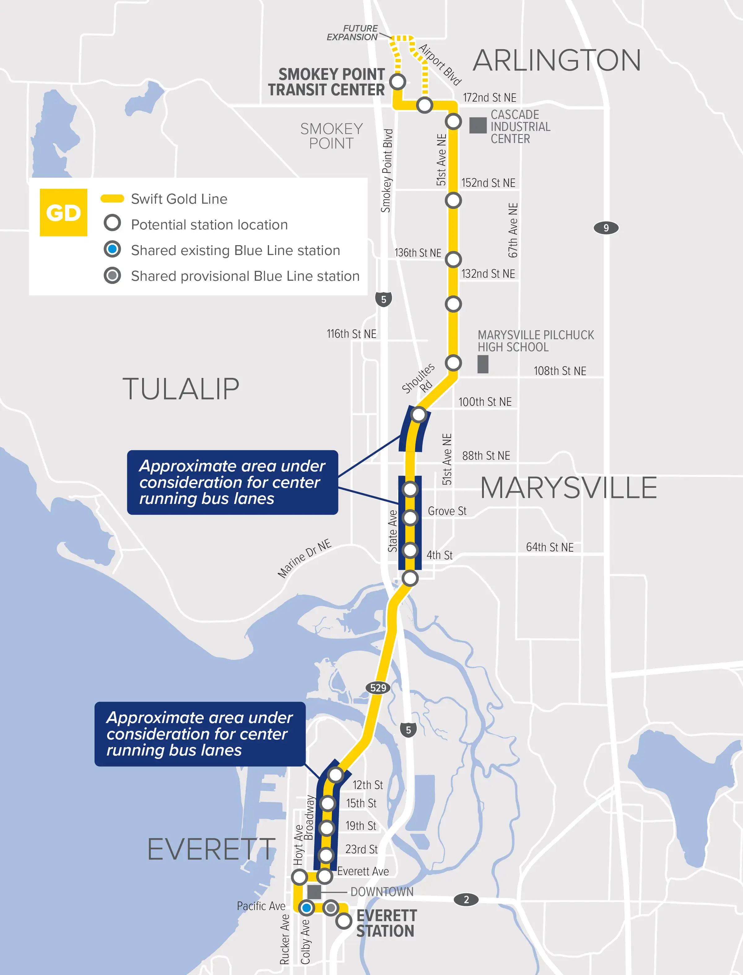 Swift Gold Line corridor and proposed stations map