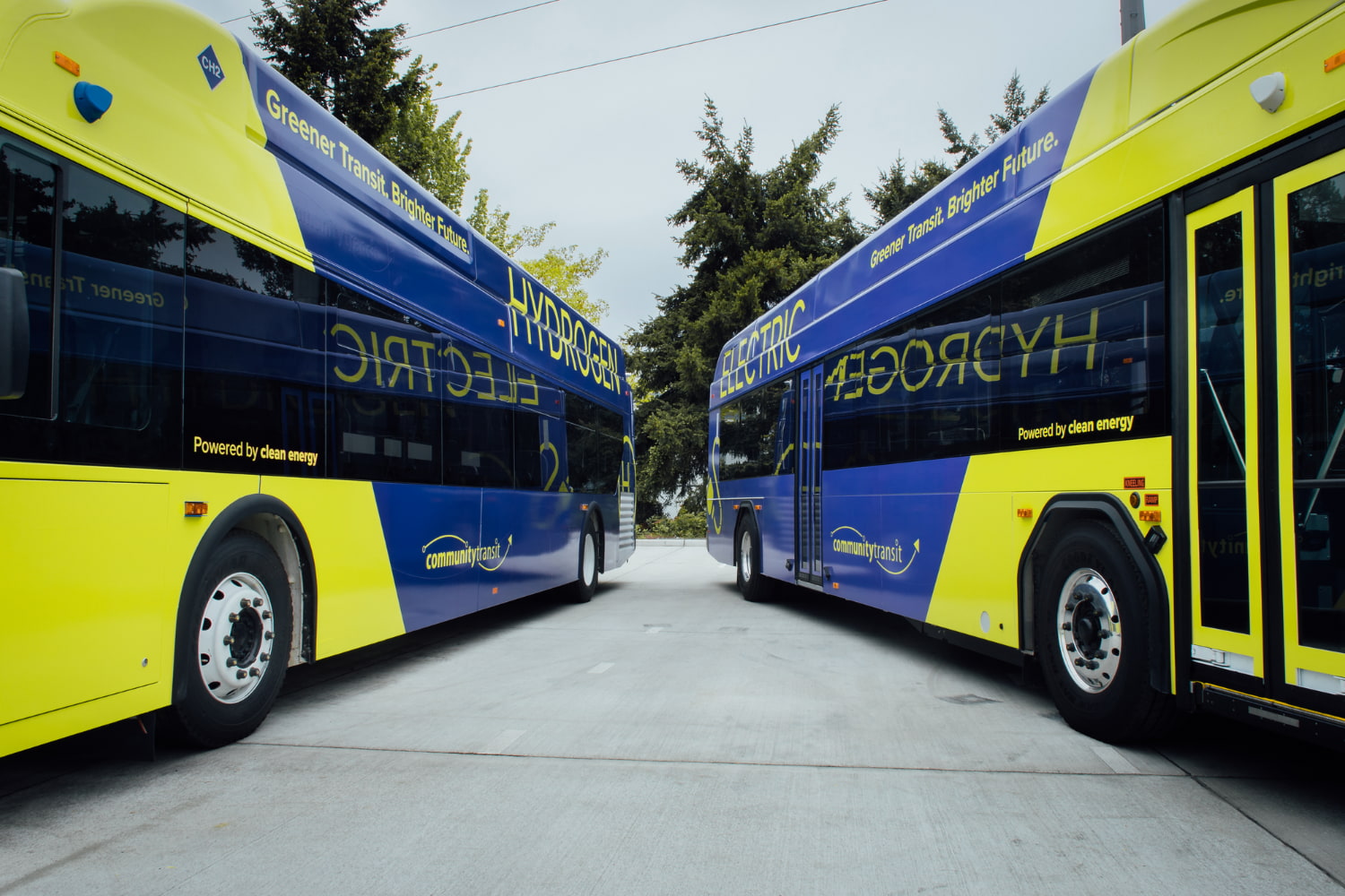 A Community Transit hydrogen electric and battery electric bus parked side-by-side