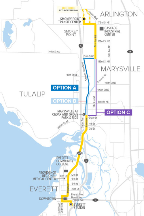 This map shows three potential route options (A, B, and C) for Swift Gold Line connecting Everett to Smokey Point.