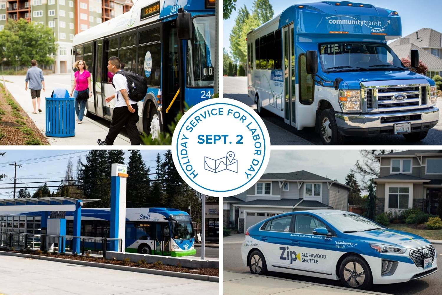 A collage of four pictures showing Community Transit local buses, DART and Zip Alderwood Shuttle