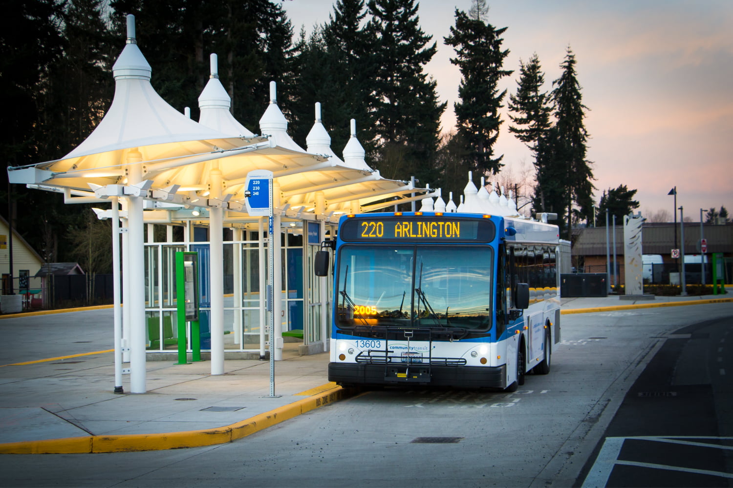 CT bus at a bay at Smokey Point Transit Center.