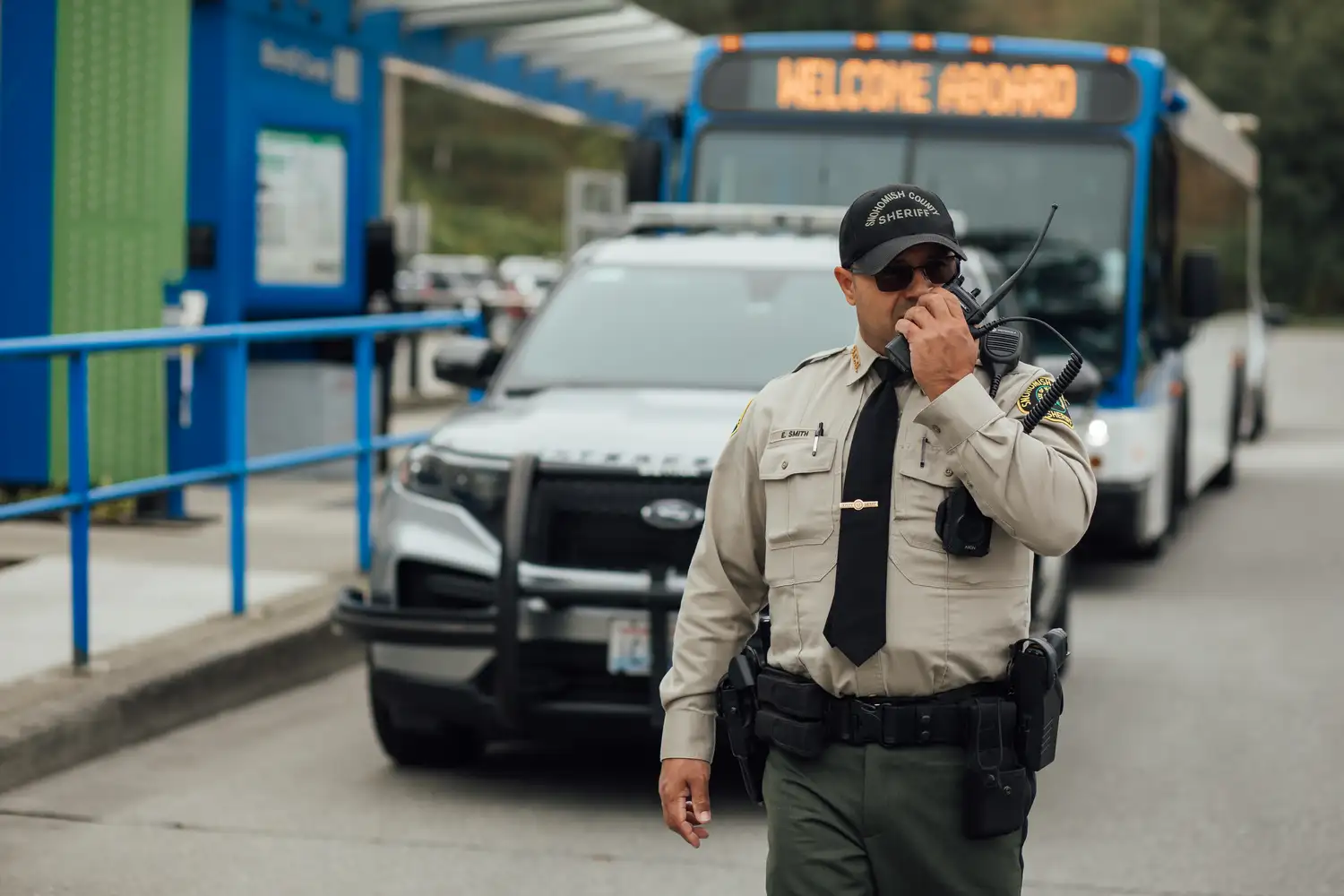 a Transit Police Unit officer making a call on a police radio