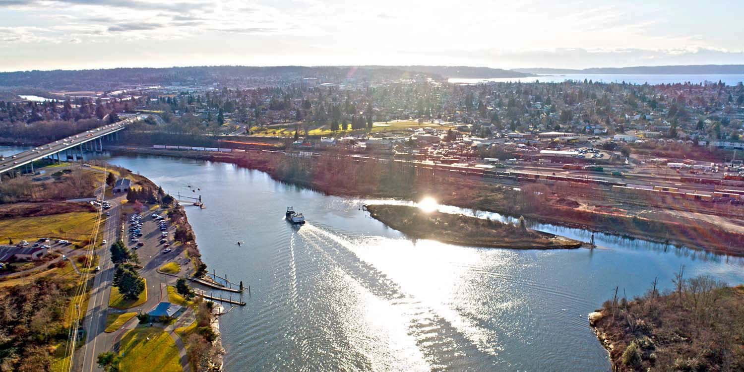 an aerial view of Everett and the Snohomish River