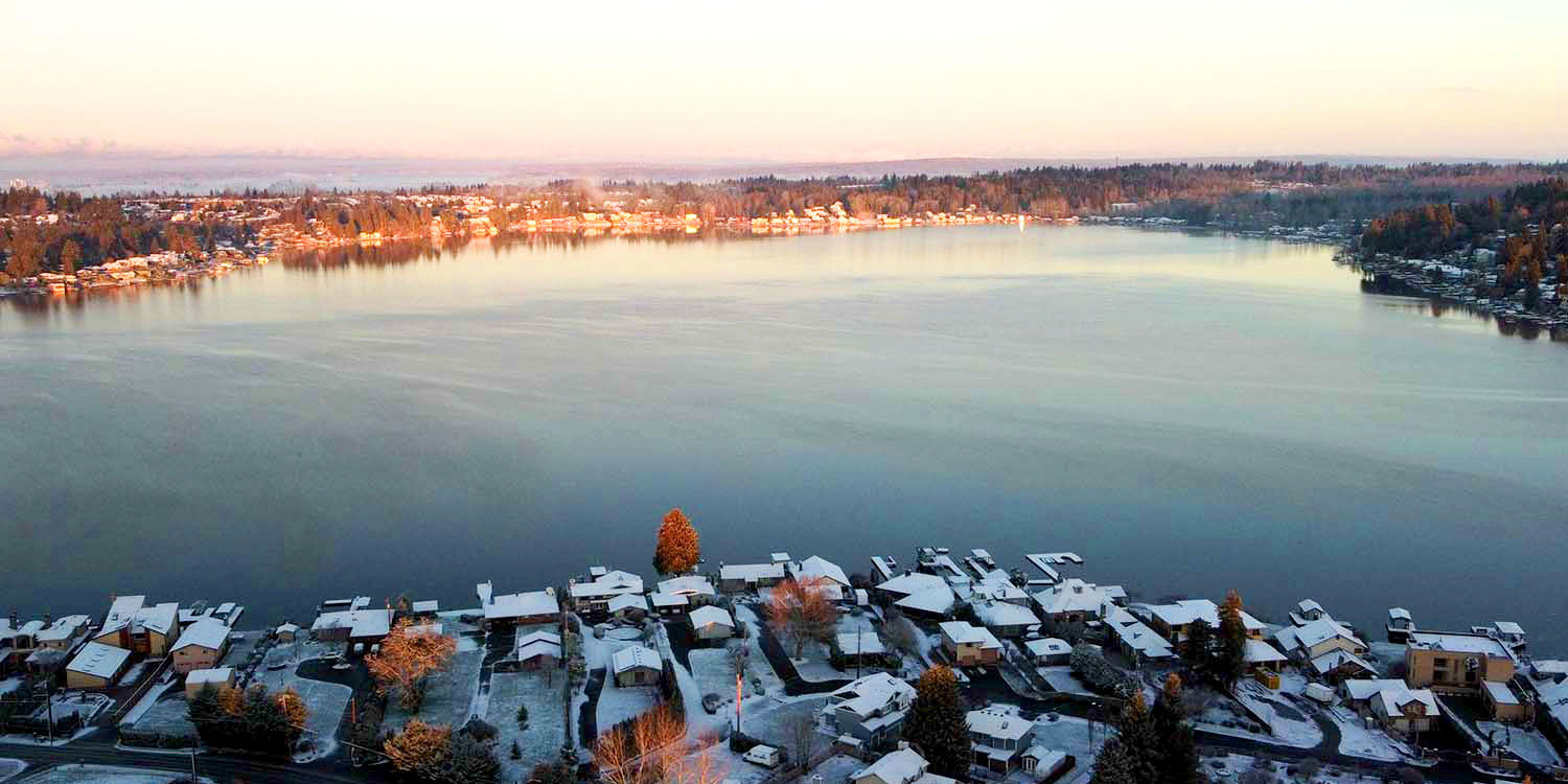 an aerial view of Lake Stevens in winter