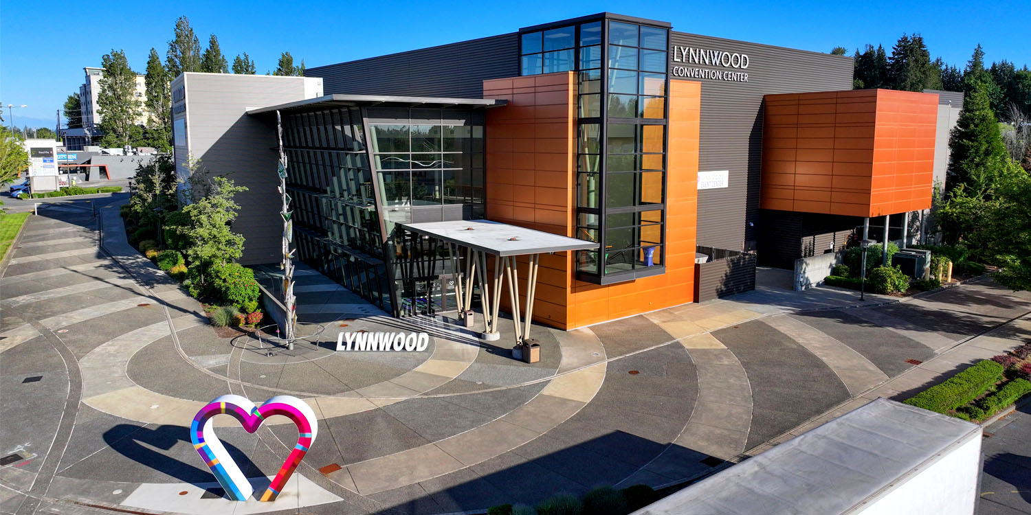 The Lynnwood Convention Center and heart sculpture art installation in front