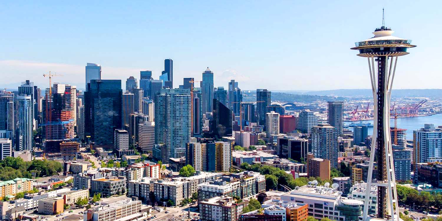 an aerial photo facing downtown Seattle with the Space Needle in the foreground