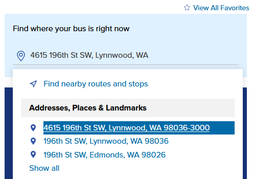 a screenshot example of searching for a route number in Find My Bus