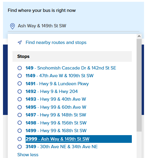 a screenshot example of searching for a route number in Find My Bus