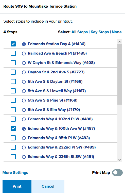 a screenshot of the bus stop selection list when printing schedules