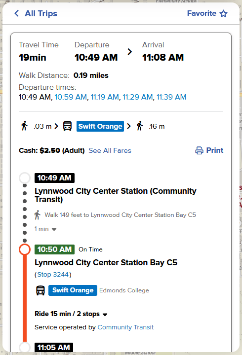 Plan My Trip tool showing detailed trip directions