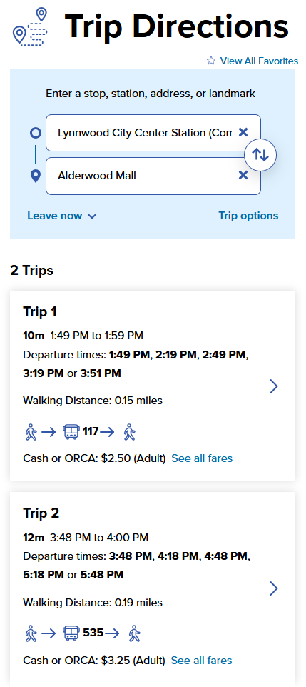 a screenshto of a list of trip results displayed in Plan My Trip