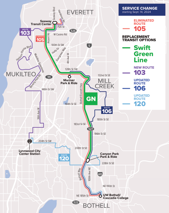 Route 105 service change map