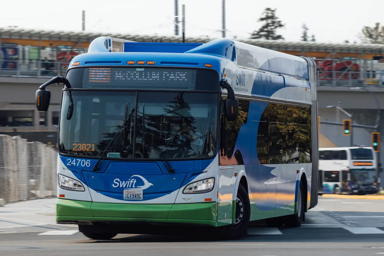 a Swift rapid transit bus arriving at a transit center