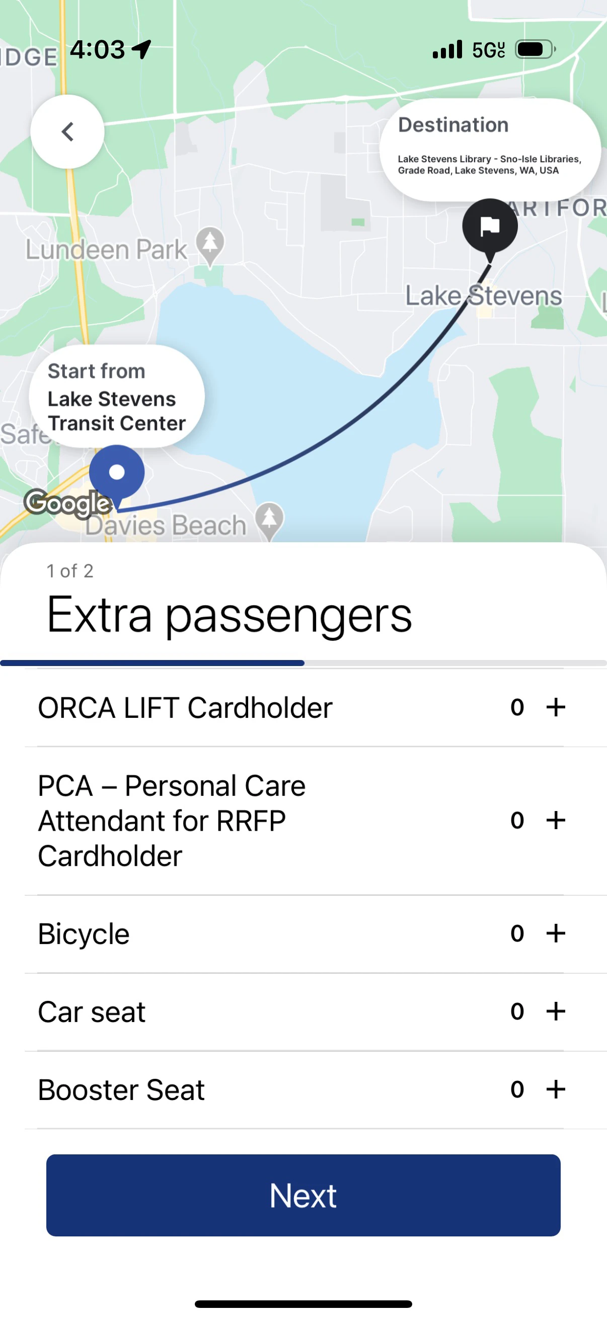 add passengers or amenities when booking in the Zip Shuttle app